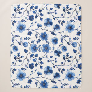 French Cottagecore Blue Floral Patterns Tissue Pap Sherpa Blanket