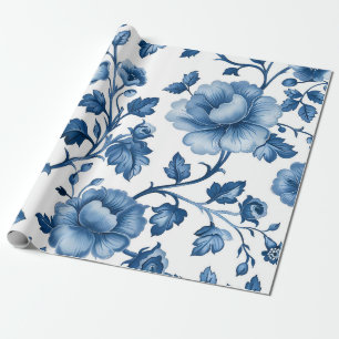 French Cottagecore Blue Floral Patterns Wrapping Paper