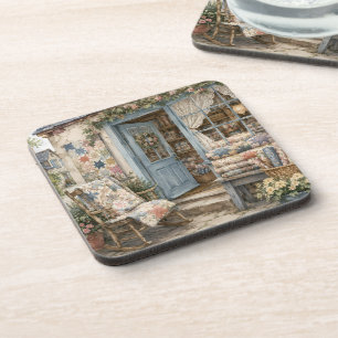 French Cottagecore Quilt Shop Watercolor Coaster