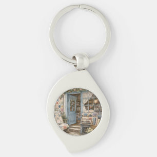 French Cottagecore Quilt Shop Watercolor Key Ring