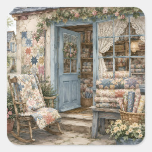 French Cottagecore Quilt Shop Watercolor Square Sticker