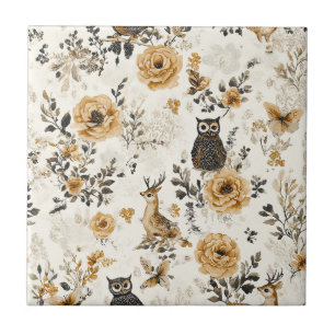 French Country Beige Owl Floral Pattern Ceramic Tile