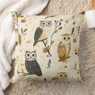French Country Beige Owl Floral Pattern Cushion