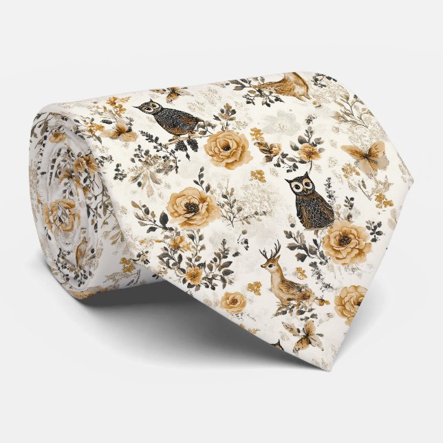 French Country Beige Owl Floral Pattern Tie (Rolled)