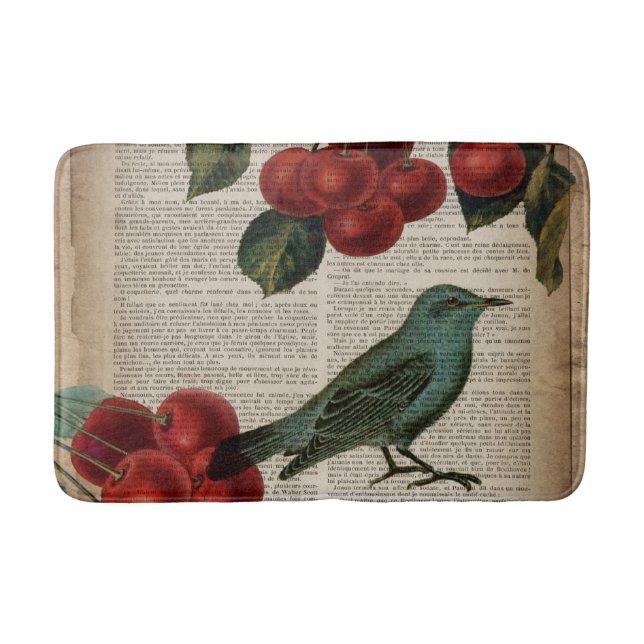 french country bird retro botanical red cherry bath mat (Front)