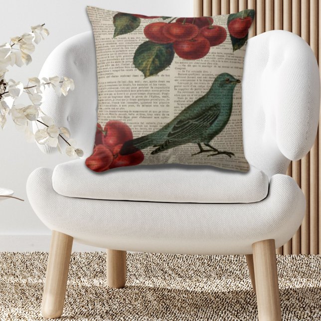 french country bird retro botanical red cherry cushion (french country bird retro botanical red cherry throw pillow)