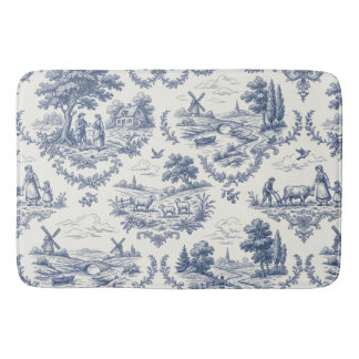 French Country - Blue & Cream Toile Countryside Bath Mat