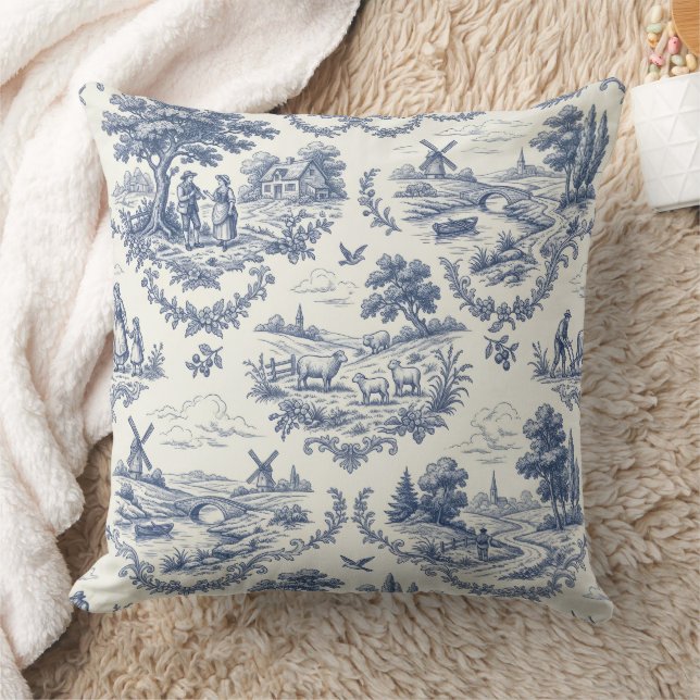 French Country - Blue & Cream Toile Countryside Cushion (Blanket)