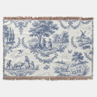 French Country - Blue & Cream Toile Countryside Throw Blanket