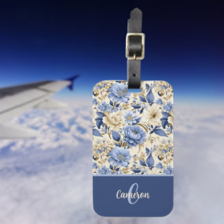 French Country Blue Floral Peonies Roses Monogram Luggage Tag