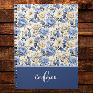 French Country Blue Floral Peonies Roses Monogram Notebook