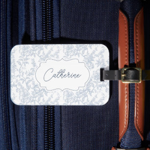 French Country Blue Toile Floral Lace Personalised Luggage Tag