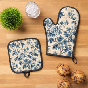 French Country Blue Toile  Oven Mitt & Pot Holder Set