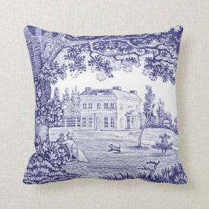 French Country Blue Toile Pillow - Garden Scene