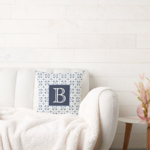 French Country Blue & White Monogram Pillow