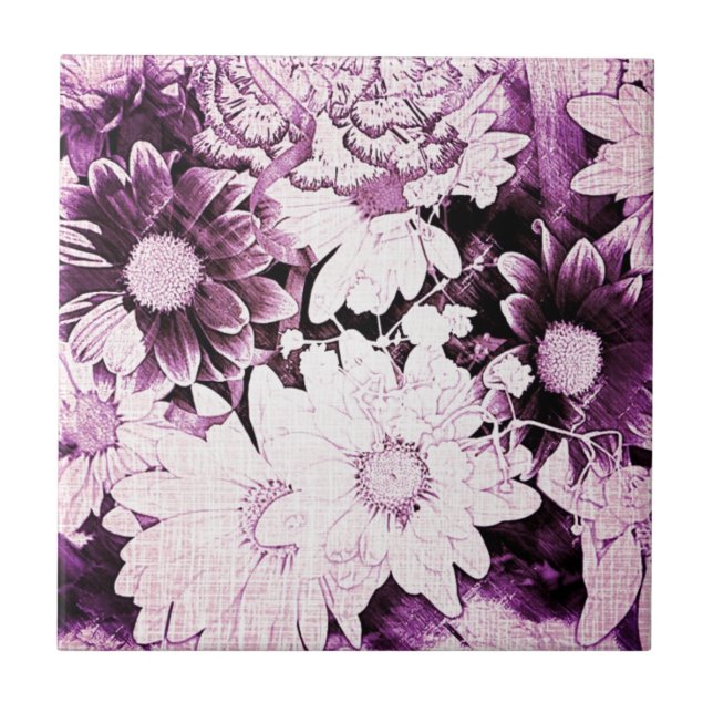 French country boho chic wildflower purple daisy ceramic tile (Front)