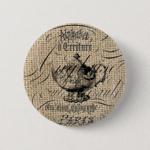 french country burlap scripts teapot tea party 6 cm round badge