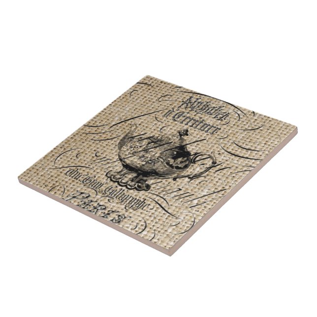 french country burlap scripts teapot tea party ceramic tile (Side)