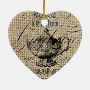 french country burlap scripts teapot tea party ceramic tree decoration
