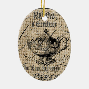 french country burlap scripts teapot tea party ceramic tree decoration