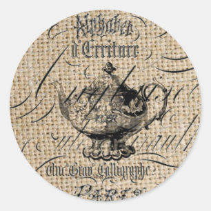 french country burlap scripts teapot tea party classic round sticker