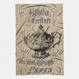 french country burlap scripts teapot tea party towel