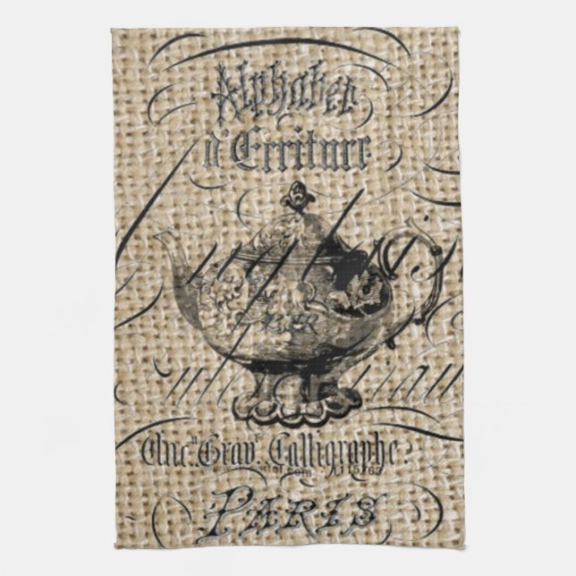 french country burlap scripts teapot tea party towel (Vertical)