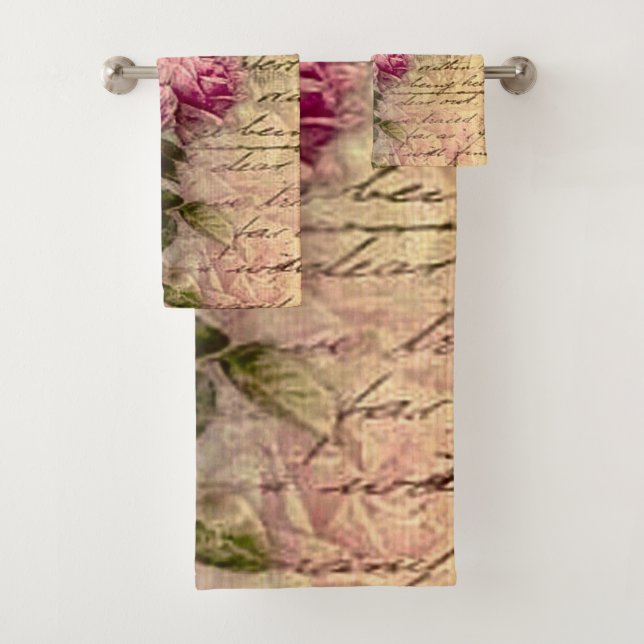 French country chic,shabby chic, pink roses, flora bath towel set (Insitu)