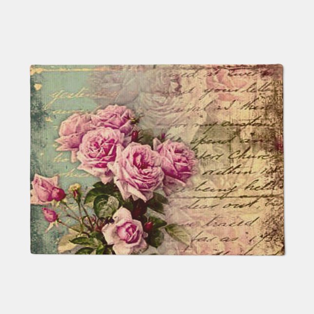 French country chic,shabby chic, pink roses, flora doormat (Front)
