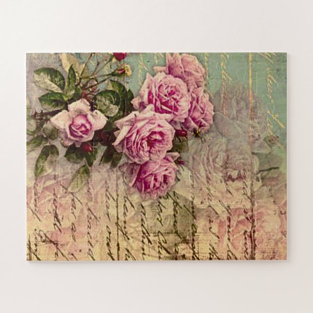 French country chic,shabby chic, pink roses, flora jigsaw puzzle (Horizontal)
