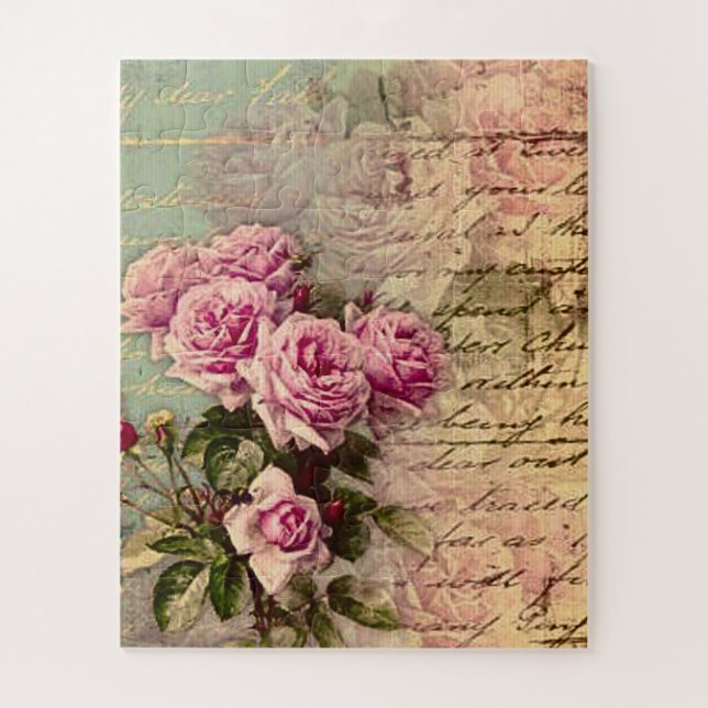 French country chic,shabby chic, pink roses, flora jigsaw puzzle (Vertical)
