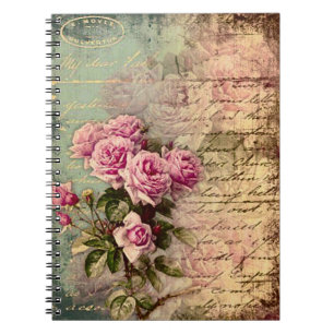 French country chic,shabby chic, pink roses, flora notebook