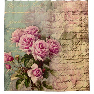 French country chic,shabby chic, pink roses, flora shower curtain