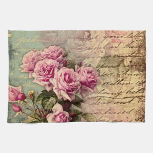 French country chic,shabby chic, pink roses, flora tea towel