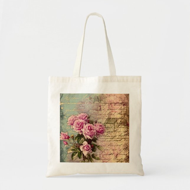 French country chic,shabby chic, pink roses, flora tote bag (Front)