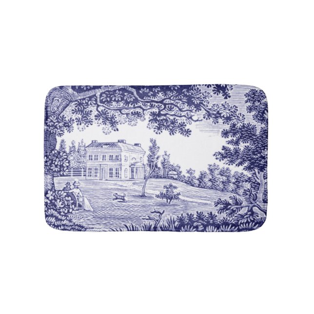 French Country Decor Blue Toile Bath Mat (Front)