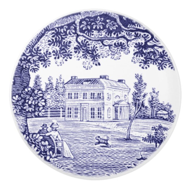 French Country Decor Blue Toile Ceramic Knob (Front)