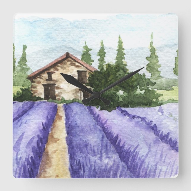 French Country Decor Lavender Fields Square Wall Clock (Front)