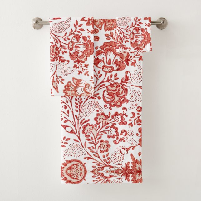 French Country Decor Red Toile Bath Towel Set (Insitu)