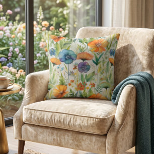 French Country Decor Watercolor Wildflowers Cushion