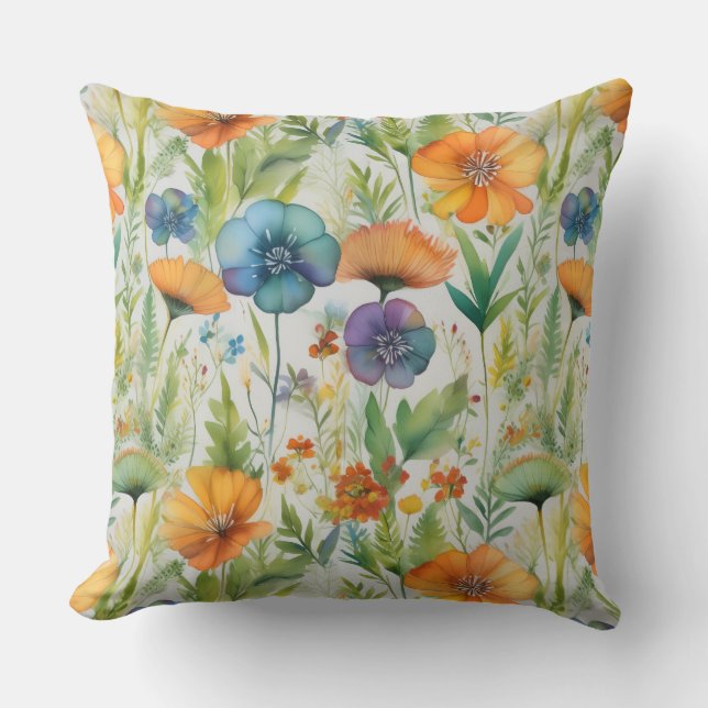 French Country Decor Watercolor Wildflowers Cushion (Front)