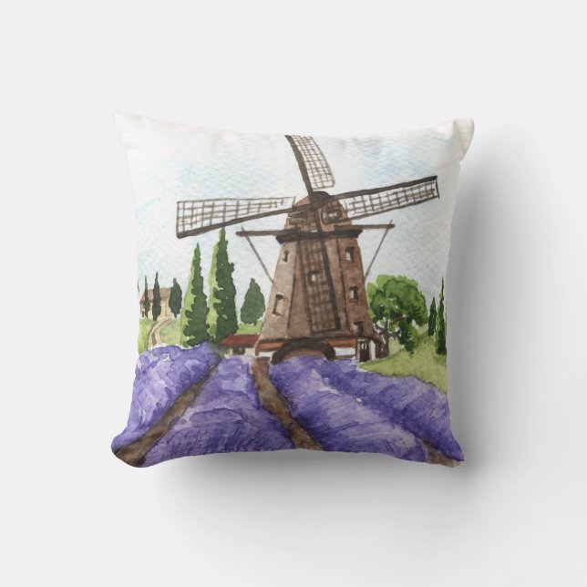 French Country Decor Windmill & Lavender Fields Cushion (Front)