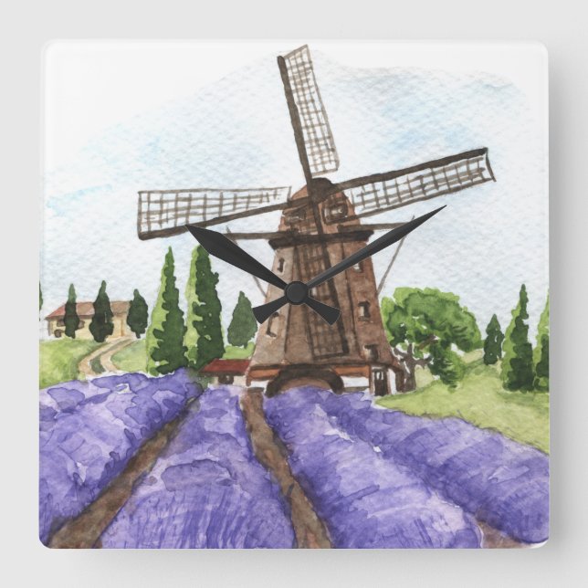 French Country Decor Windmill & Lavender Fields Square Wall Clock (Front)