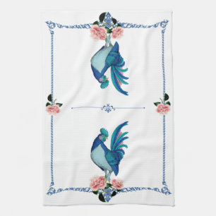 French Country Farmhouse Rooster Blue Teal Pink Tea Towel