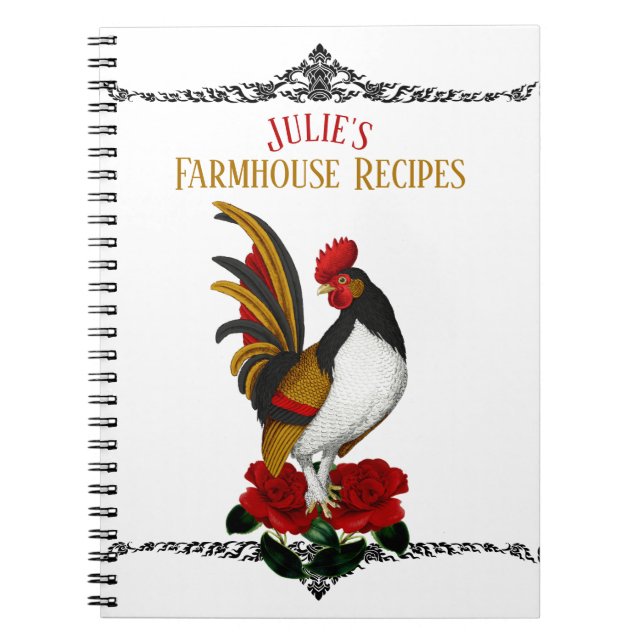 French Country Farmhouse Rooster Red Black Gold Notebook (Front)