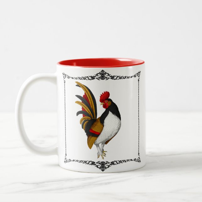 French Country Farmhouse Rooster Red Black Gold Two-Tone Coffee Mug (Left)