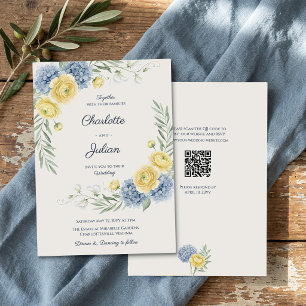 French Country Garden Blue Hydrangea QR Wedding Invitation