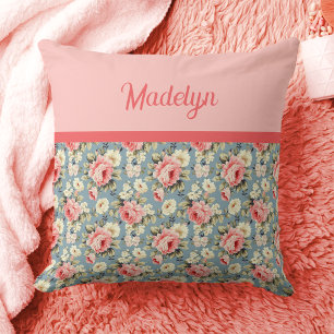 French Country Garden Floral Pink Monogram Name Cushion