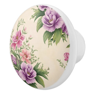 French Country Garden Lavender & Rose Blooms Ceramic Knob