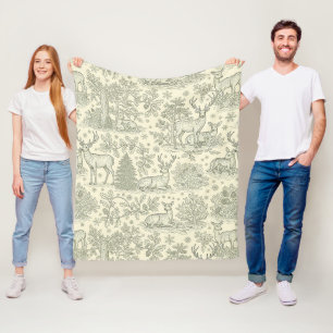 French Country Green Toile Deer Pattern Fleece Blanket